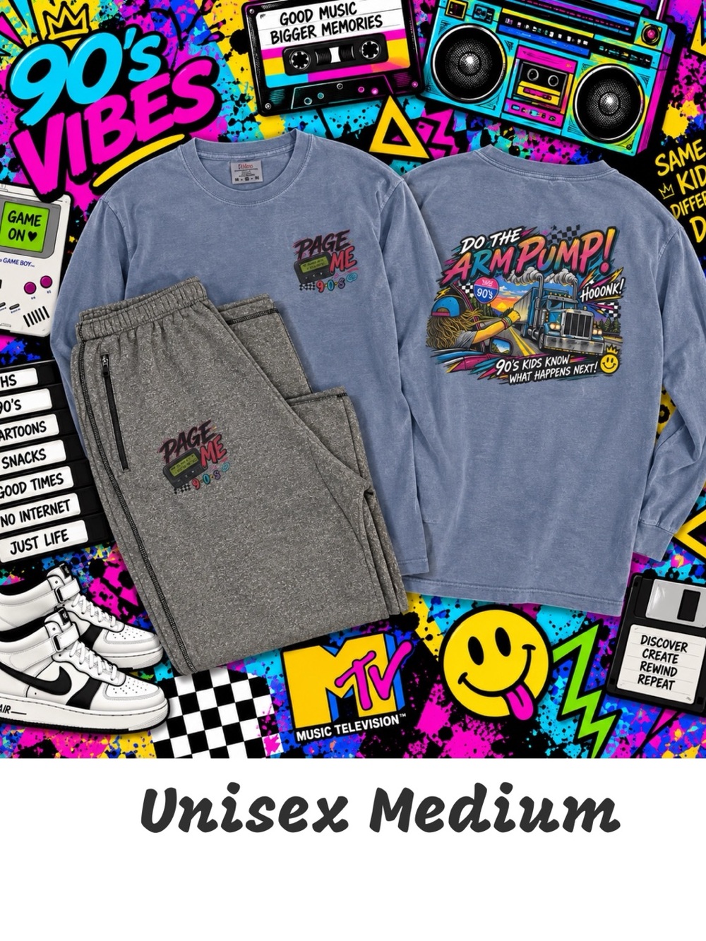 PAGE ME 90s Vibes Blue Graphic Lounge Set - Long Sleeve Top & Joggers